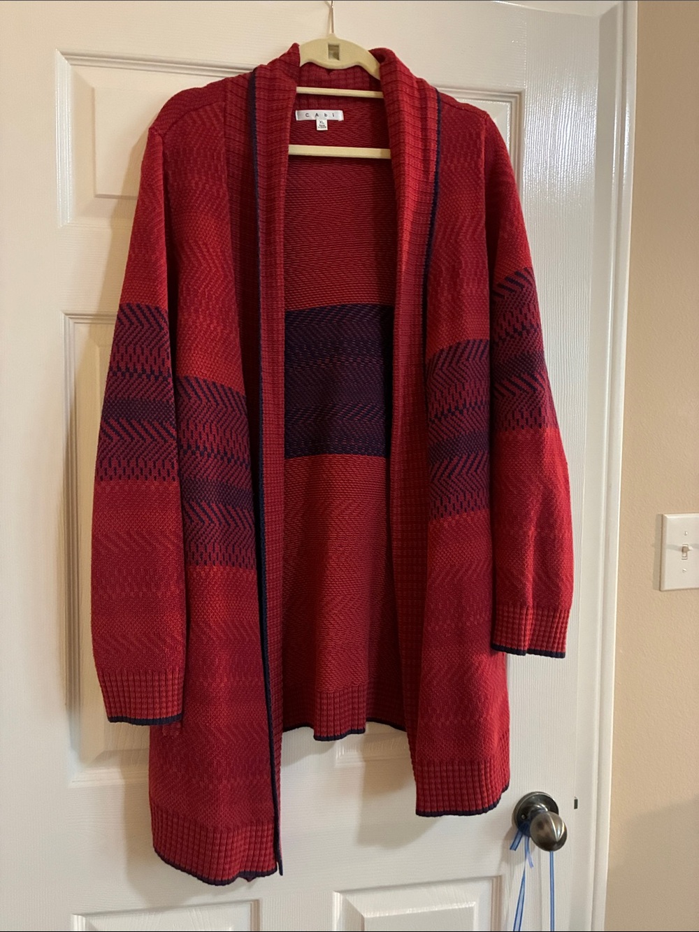 CAbi 897 Red Open Cardigan with Navy Accent